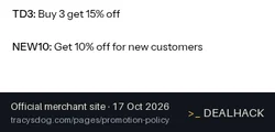 Screenshot of Tracy's Dog's website on Oct 17, 2026 showing the "10% Off for New Tracy's Dog Customers" offer