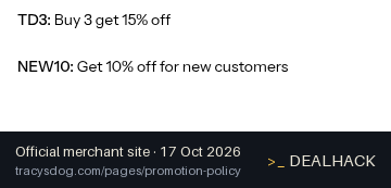 Screenshot of Tracy's Dog's website on Oct 17, 2026 showing the "10% Off for New Tracy's Dog Customers" offer