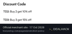 Screenshot of Tracy's Dog's website on Oct 17, 2026 showing the "Buy 2 Get 10% Off" offer