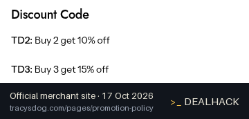 Screenshot of Tracy's Dog's website on Oct 17, 2026 showing the "Buy 2 Get 10% Off" offer