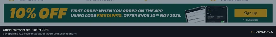 Screenshot of Travis Perkins's website on Oct 18, 2026 showing the "10% Off First App Order in October 2026" offer