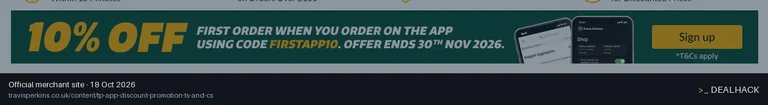 Screenshot of Travis Perkins's website on Oct 18, 2026 showing the "10% Off First App Order in October 2026" offer