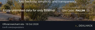 Screenshot of TravlFi's website on Oct 16, 2026 showing the "Get Unlimited Data for $99 per Month" offer
