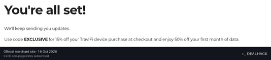 Screenshot of TravlFi's website on Oct 16, 2026 showing the "Save 15% Off Device Plus 50% Off First Month" offer