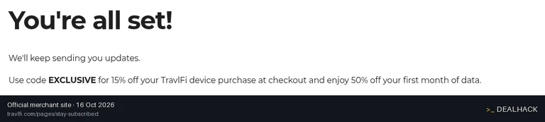 Screenshot of TravlFi's website on Oct 16, 2026 showing the "Save 15% Off Device Plus 50% Off First Month" offer