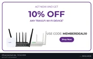 Screenshot of TravlFi's website on Oct 16, 2026 showing the "Get 10% Off TravlFi Device for Escapees" offer