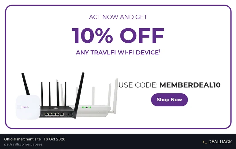 Screenshot of TravlFi's website on Oct 16, 2026 showing the "Get 10% Off TravlFi Device for Escapees" offer