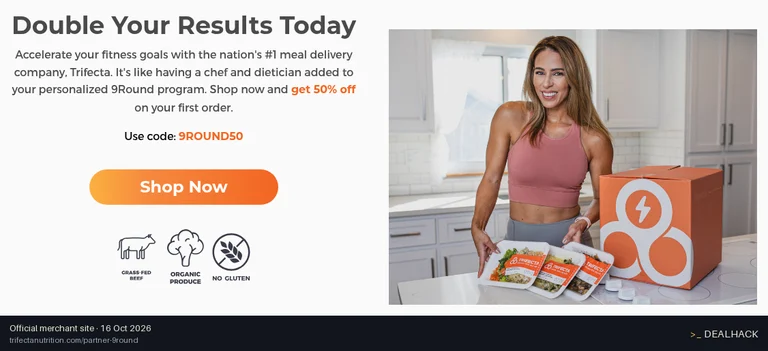 Screenshot of Trifecta Nutrition's website on Oct 16, 2026 showing the "Get 50% Off a First Trifecta Order for 9Round Members" offer