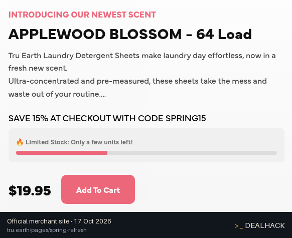 Screenshot of Tru Earth's website on Oct 17, 2026 showing the "Save 15% on Spring-Scent Products" offer