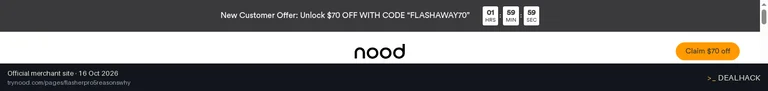 Screenshot of Nood's website on Oct 16, 2026 showing the "Save $70 on the Flasher Pro for New Customers" offer