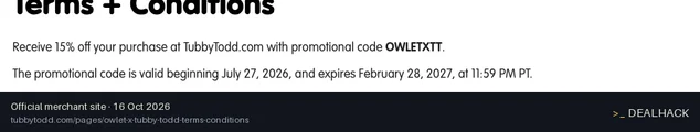 Screenshot of Tubby Todd Bath Co.'s website on Oct 16, 2026 showing the "Save 15% on Eligible Tubby Todd Purchases" offer