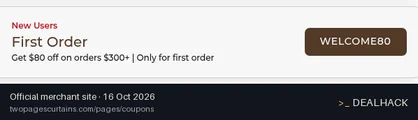 Screenshot of TWOPAGES Curtains's website on Oct 16, 2026 showing the "$80 Off Your First $300+ Order" offer