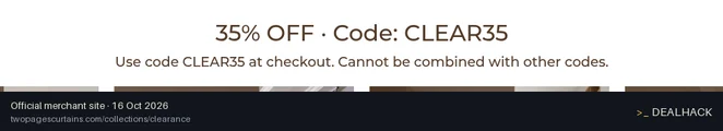 Screenshot of TWOPAGES Curtains's website on Oct 16, 2026 showing the "Save 35% on Your Purchase at TWOPAGES Curtains" offer