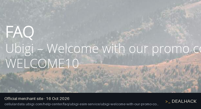 Screenshot of Ubigi's website on Oct 16, 2026 showing the "10% Off Your First Ubigi Data Plan" offer