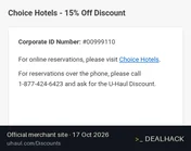 Screenshot of U-Haul's website on Oct 17, 2026 showing the "Save 15% at Choice Hotels" offer