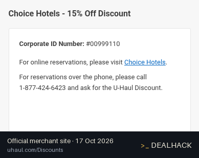 Screenshot of U-Haul's website on Oct 17, 2026 showing the "Save 15% at Choice Hotels" offer