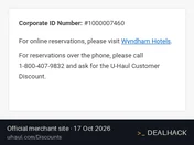 Screenshot of U-Haul's website on Oct 17, 2026 showing the "Save 10% at Wyndham Hotels" offer