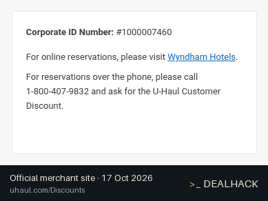 Screenshot of U-Haul's website on Oct 17, 2026 showing the "Save 10% at Wyndham Hotels" offer