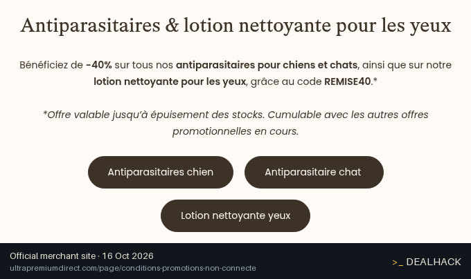 Screenshot of Ultra Premium Direct's website on Oct 16, 2026 showing the "40% Off Antiparasitics and Eye Lotion" offer