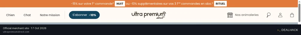 Screenshot of Ultra Premium Direct's website on Oct 17, 2026 showing the "15% Off First Order" offer