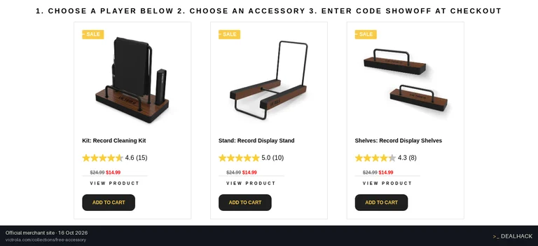 Screenshot of Victrola's website on Oct 16, 2026 showing the "Get Free Accessory With Victrola Record Player" offer