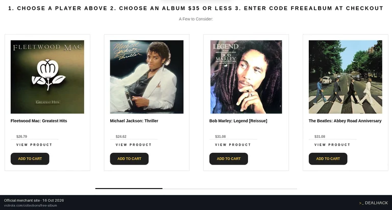 Screenshot of Victrola's website on Oct 16, 2026 showing the "Get Free Album With Victrola Record Player" offer