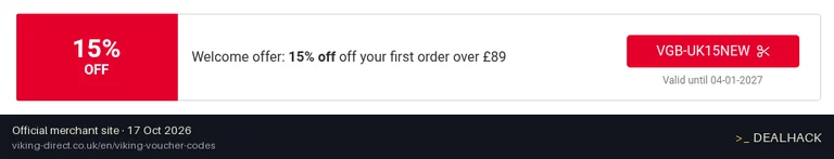 Screenshot of Viking Direct UK's website on Oct 17, 2026 showing the "15% Off First Order Over £89 at Viking Direct" offer