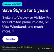 Screenshot of Visible by Verizon's website on Oct 16, 2026 showing the "Take $5 Off Visible+ Plans" offer