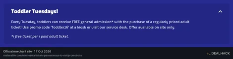 Screenshot of SEA LIFE's website on Oct 17, 2026 showing the "Get Free Toddler Admission Tuesdays at SEA LIFE Mall of America" offer