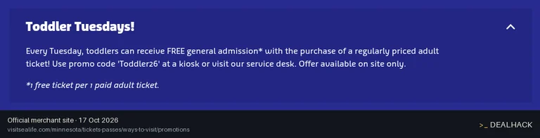 Screenshot of SEA LIFE's website on Oct 17, 2026 showing the "Get Free Toddler Admission Tuesdays at SEA LIFE Mall of America" offer