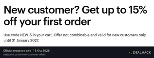 Screenshot of Vistaprint's website on Oct 16, 2026 showing the "15% Off First Order for New Customers" offer