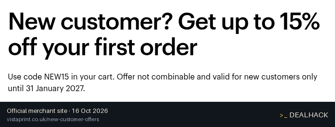Screenshot of Vistaprint's website on Oct 16, 2026 showing the "15% Off First Order for New Customers" offer