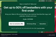 Screenshot of Vistaprint's website on Oct 16, 2026 showing the "Up to 50% Off Your First Order at Vistaprint" offer
