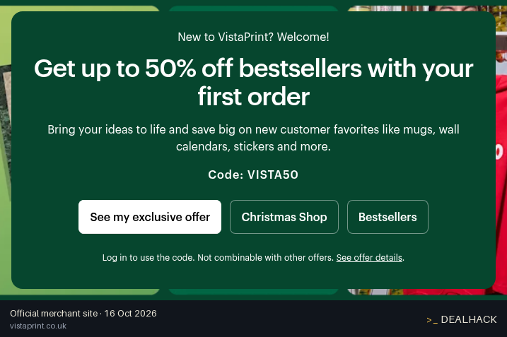 Screenshot of Vistaprint's website on Oct 16, 2026 showing the "Up to 50% Off Your First Order at Vistaprint" offer