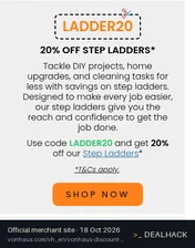 Screenshot of VonHaus's website on Oct 18, 2026 showing the "20% Off Selected Step Ladders" offer