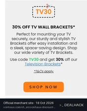 Screenshot of VonHaus's website on Oct 18, 2026 showing the "30% Off Selected TV Wall Brackets" offer