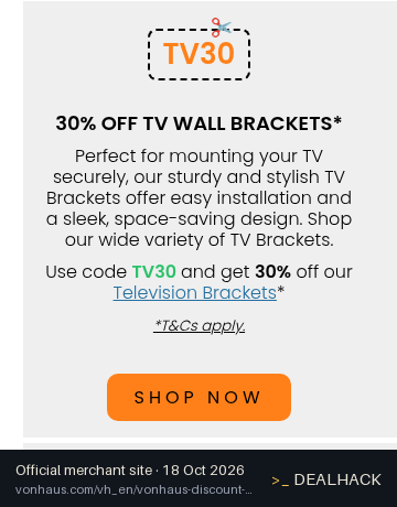 Screenshot of VonHaus's website on Oct 18, 2026 showing the "30% Off Selected TV Wall Brackets" offer