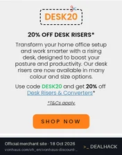 Screenshot of VonHaus's website on Oct 18, 2026 showing the "20% Off Desk Risers & Standing Desks" offer