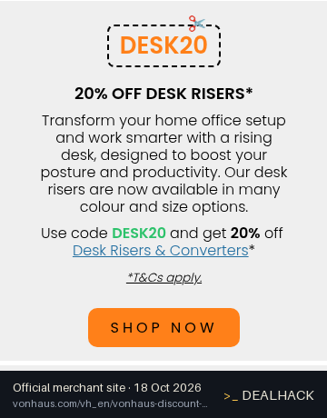 Screenshot of VonHaus's website on Oct 18, 2026 showing the "20% Off Desk Risers & Standing Desks" offer