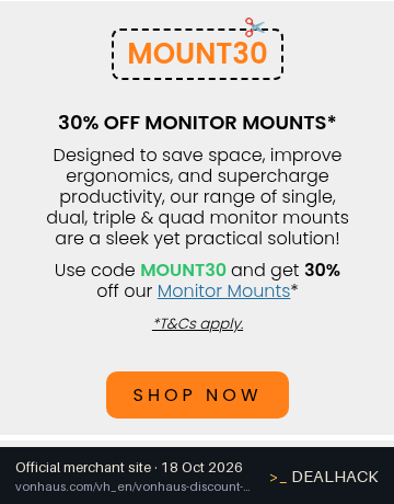 Screenshot of VonHaus's website on Oct 18, 2026 showing the "30% Off Selected Monitor Mounts" offer