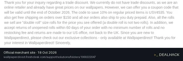 Screenshot of wallpaperdirect's website on Oct 18, 2026 showing the "10% Off Regular-Priced Items for US Customers" offer