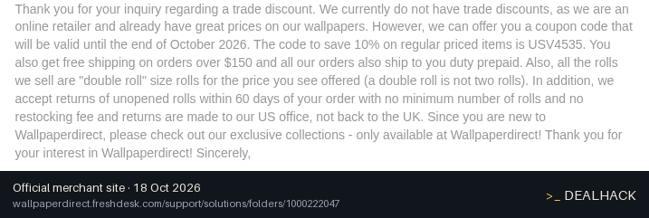 Screenshot of wallpaperdirect's website on Oct 18, 2026 showing the "10% Off Regular-Priced Items for US Customers" offer