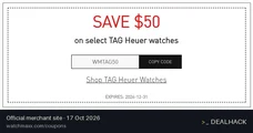 Screenshot of WatchMaxx's website on Oct 17, 2026 showing the "Save $50 on Select TAG Heuer Watches" offer