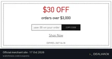 Screenshot of WatchMaxx's website on Oct 17, 2026 showing the "Save $30 on Orders Over $3,000" offer
