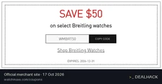 Screenshot of WatchMaxx's website on Oct 17, 2026 showing the "Save $50 on Select Breitling Watches" offer