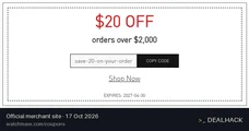 Screenshot of WatchMaxx's website on Oct 17, 2026 showing the "Save $20 on Orders Over $2,000" offer