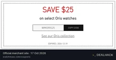 Screenshot of WatchMaxx's website on Oct 17, 2026 showing the "Save $25 on Select Oris Watches" offer