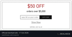 Screenshot of WatchMaxx's website on Oct 17, 2026 showing the "Save $50 on Orders Over $5,000" offer