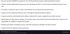 Screenshot of Waves Audio's website on Oct 16, 2026 showing the "Save 10% on 4+ Audio Essentials Courses" offer