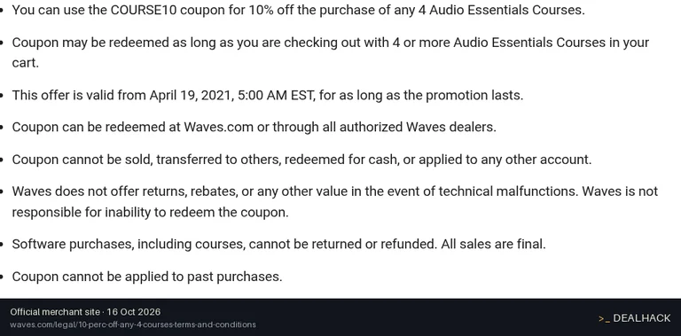 Screenshot of Waves Audio's website on Oct 16, 2026 showing the "Save 10% on 4+ Audio Essentials Courses" offer